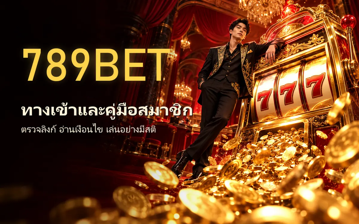 789bet ชายสวมสูทดำทองพิงตู้สล็อตทองที่มีเหรียญทองไหลออก ฉากห้องคาสิโนสีแดง ภาพหน้าปกคู่มือทางเข้าและสมัคร 789bet